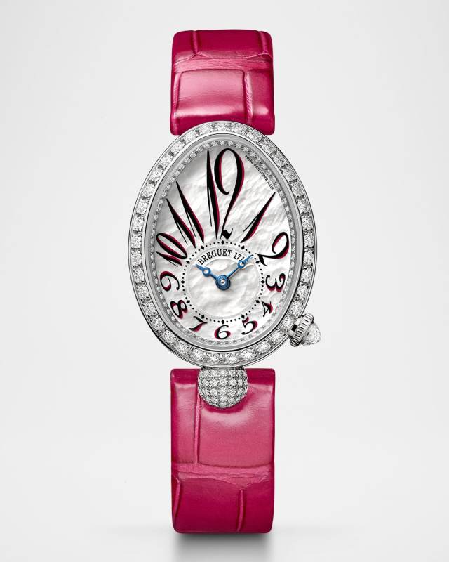Reine de Naples 18K White Gold Oval 25mm Watch with Diamonds and Mother-Of-Pearl